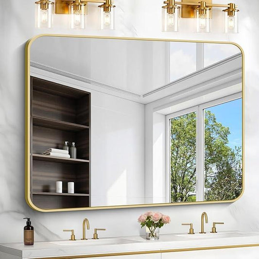 CIVENO 36"x48" Bathroom Mirror, Gold Rectangle Mirror, Large Rectangular Wall Mirror, Rounded Corner Vanity Mirror with Aluminum Metal Frame for Bathroom Bedroom Living Room Horizontal/Vertical - ModernBath