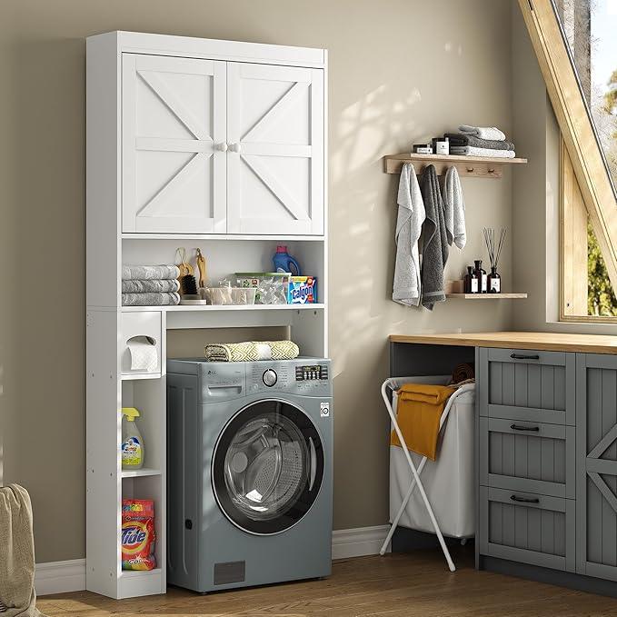 Furnideco Over The Toilet Storage Cabinet with Barn Doors, 32.3''W Free Standing Toilet Storage Shelf Space Saver with Adjustable Bottom Bar, White - ModernBath