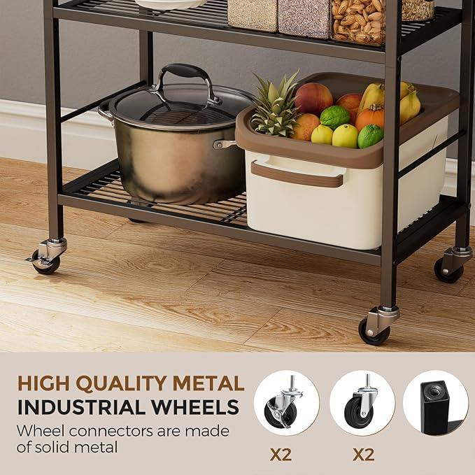5-Tier Metal Storage Rack with Industrial Wheels,Mesh Shelving Unit with Wooden Table top,Adjustable Shelf,23.6-Inch Width,for Kitchen, Laundry,Pantry,Plant,Black - ModernBath