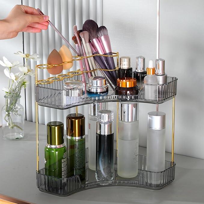 shuang qing Upgraded 2-Tier Corner Bathroom Countertop Organizer – Spacious Storage for Makeup, Skincare & Perfumes, Built-in Brush Holder Fits Vanity/Dresser/Bsthtub (Slate Gray) - ModernBath