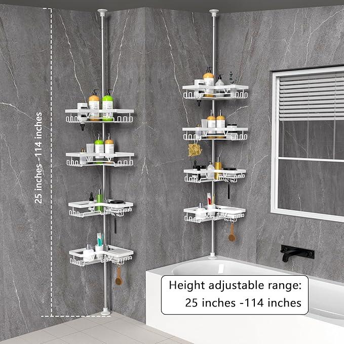 KEGII Corner Shower Caddy Tension Pole - Shower Tension Rod Organizer, Floor to Ceiling Shower Caddy 25-114.2 inch, Bathroom Rack Corner Waterproof, Pure White - ModernBath