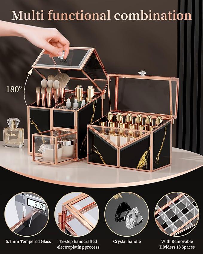 CoralHouse black makeup organizer – Vanity Holder with 18-Slot Lipstick Organizer & Covered Makeup Brush Holder – Skincare, Perfume & Cosmetic Display for Bathroom or Dresser - ModernBath
