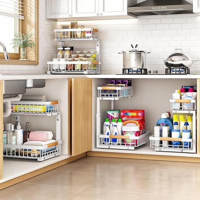 PXRACK 1 Pack Under Sink Organizer,Adjustable Height,2 Tier Pull Out Under Cabinet Organizer,Slide Out Thickened Metal Under Sink Storage for Kitchen Bathroom Laundry Cabinet Pantry,White(L) - ModernBath