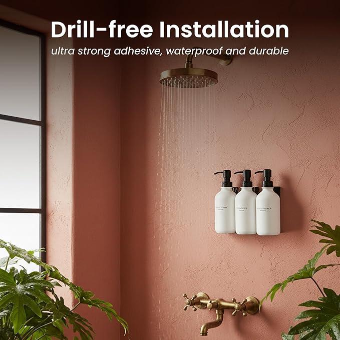 MaisoNovo Shampoo and Conditioner Dispenser - Shower Soap Dispenser Wall Mounted - 16.9 fl oz Set of 3 White Plastic Bottles Black Pump - 3 Chamber No Drill - ModernBath