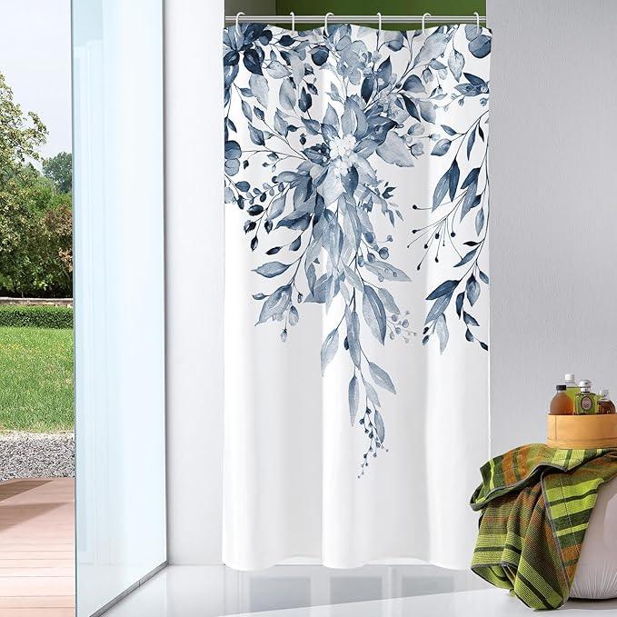 Gibelle Small Stall Shower Curtain 36 x 72, Narrow Navy Blue Floral Shower Curtain for Bathroom, Watercolor Plant Eucalyptus Leaves Fabric Shower Curtain Set - ModernBath