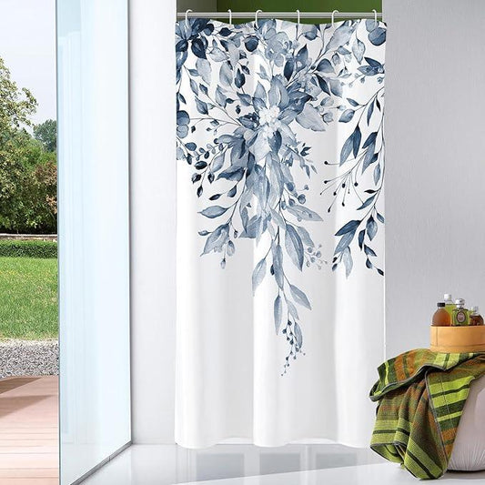 Gibelle Small Stall Shower Curtain 36 x 72, Narrow Navy Blue Floral Shower Curtain for Bathroom, Watercolor Plant Eucalyptus Leaves Fabric Shower Curtain Set - ModernBath