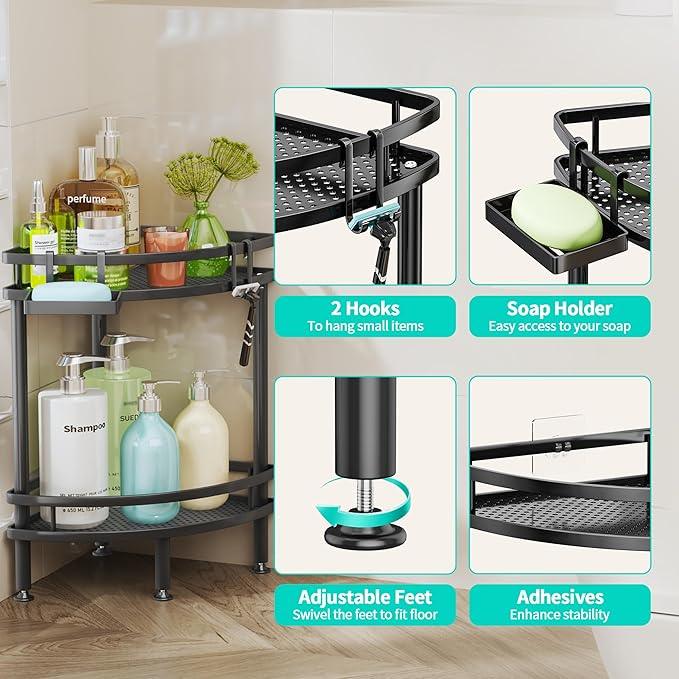 HapiRm Standing Corner Shower Caddy - 2 Tier Shower Organizer Corner with Soap Holder and 2 Hooks, Rustproof Bathroom Storage Shelves with Adhesives, Black - ModernBath
