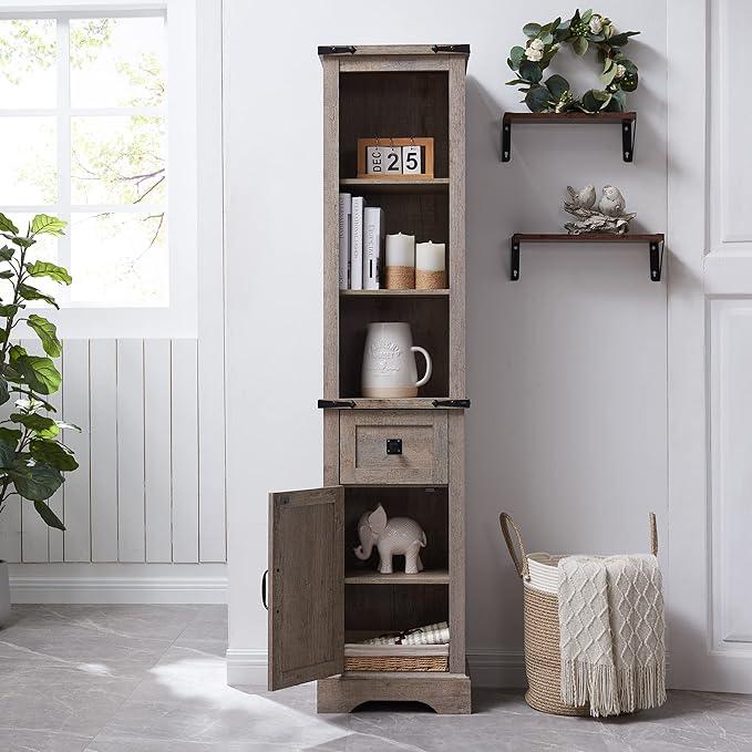OKD Bathroom Storage Cabinet, Farmhouse Storage Cabinet with Adjustable Shelves & Drawer, Tall Linen Tower for Bathroom, Living Room, Light Rustic Oak - ModernBath