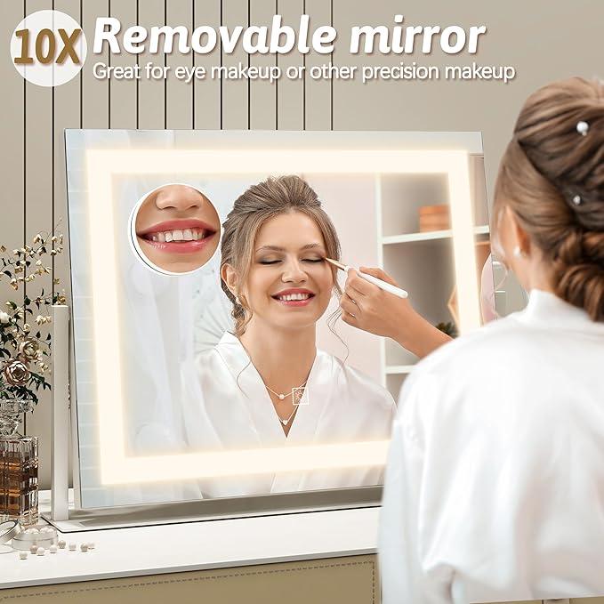 ROLOVE Vanity Mirror with Lights 22"x18", Lighted Makeup Mirror with 10X Magnification, Smart Touch 3 Colors Dimmable, 360° Rotation, Women Gift, Dresser Mount, Bathroom (White) - ModernBath