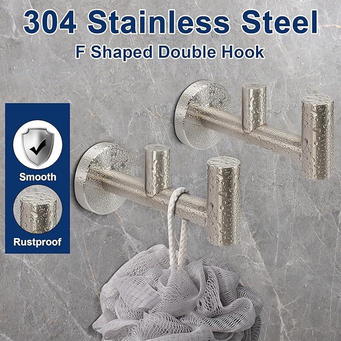 NearMoon Bathroom Double Towel Hook- SUS304 Stainless Steel Robe Towel Holder, Heavy Duty Double Coat Hook for Bathroom Livingroom Kitchen Wall Mounted (Brushed Nickel-F, 2 Pack) - ModernBath