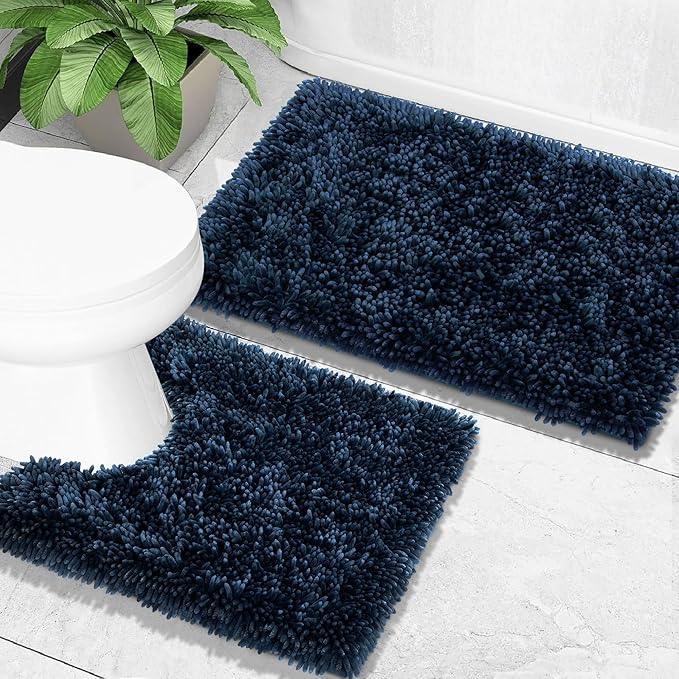 Yimobra Bathroom Rugs Sets 2 Piece, Soft Absorbent Bath Mat and U-Shaped Toilet Rug with Non Slip Backing, Luxury Shaggy Bath Mats for Bathroom, Machine Washable, 31.5"x20"+24"x20", Blue - ModernBath
