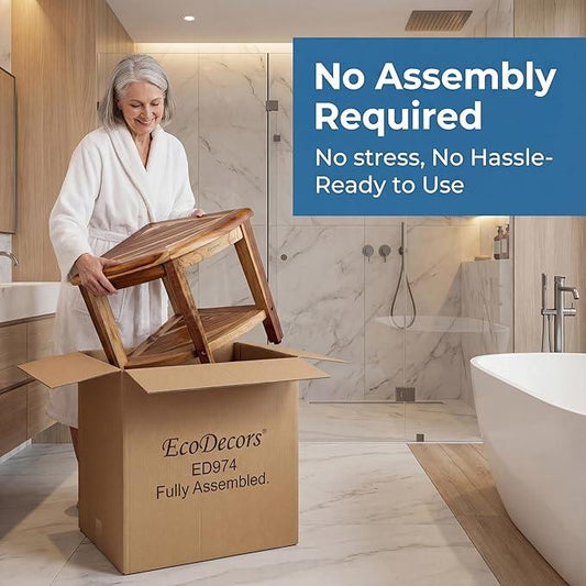 EcoDecors Fully Assembled SnazzyCorner® 18" Teak Shower Bench, Corner Shower Stool, w Shelf in Earthy Teak Finish, Compact Fit for Small Bathrooms & Walk-in Showers – Slip-Resistant Feet - ModernBath