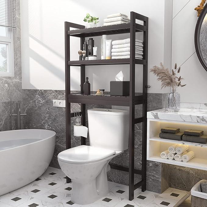 Homykic Over The Toilet Storage, Bamboo 3-Tier Over-The-Toilet Space Saver Organizer Rack, Stable Freestanding Above Toilet Stand with 3 Hooks for Bathroom, Restroom, Laundry, Espresso - ModernBath
