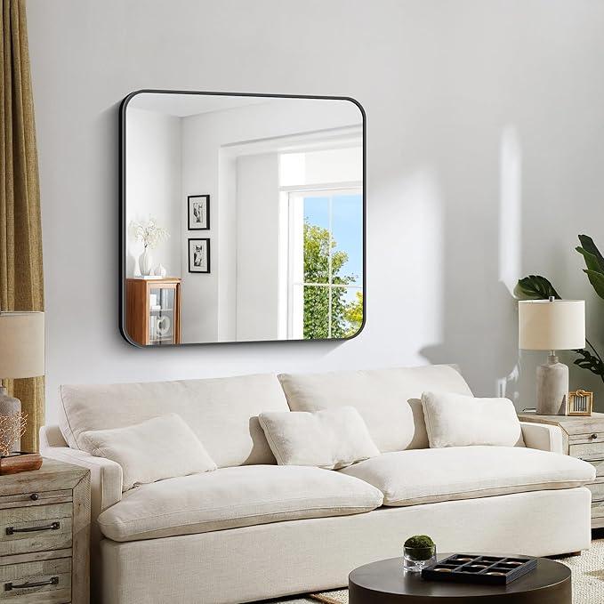 CIVENO Bathroom Mirror, 36"x36" Black Square Wall Mirror, Metal Frame Rounded Corner Vanity Mirror, Large Wall Mounted Mirror for Modern Bedroom Living Room Horizontal Or Vertical Mounting - ModernBath
