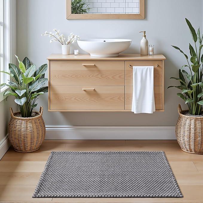 DEXI Bathroom Rugs 16x24, Non Slip Washable Bath Mat, Absorbent Chenille Bathmat, Ultra Soft Thick Carpet for Tub Shower Floor, Grey and White - ModernBath
