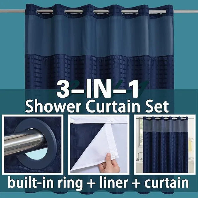 Conbo Mio Extra Wide No Hook Shower Curtain with Snap in Liner Set, 108" x 74" Hotel Luxury Navy Blue Shower Curtains for Bathroom with See Through Top Window, Waterproof, Washable 108W x 74H - ModernBath
