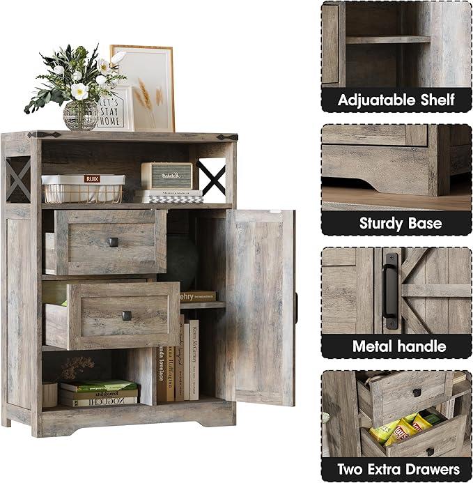 Fameill Farmhouse Storage Cabinet with 2 Drawers & Shelves,Freestanding Kitchen Cabinet with Doors,Floor Storage Organization for Living Room,Bathroom,Laundry,Grey - ModernBath