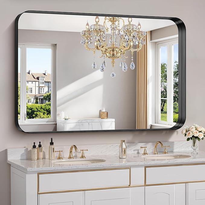 FORBATH 55x36 Inch Large Bathroom Mirror for Double Sinks, Brushed Black Deep Frame Wall Mirror with Rounded Corners, Anti-Rust Tempered Glass for Modern Farmhouse Vanity (Horizontal/Vertical) - ModernBath