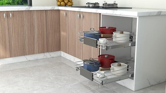 Expandable Pull Out Cabinet Organizer, Slide Out Drawers for Kitchen Cabinets, Heavy Duty Storage Drawers, Chrome Plated Cabinet Wire Shelf, Adjustable Width 12.5~20.2" W x 17.3" D - ModernBath