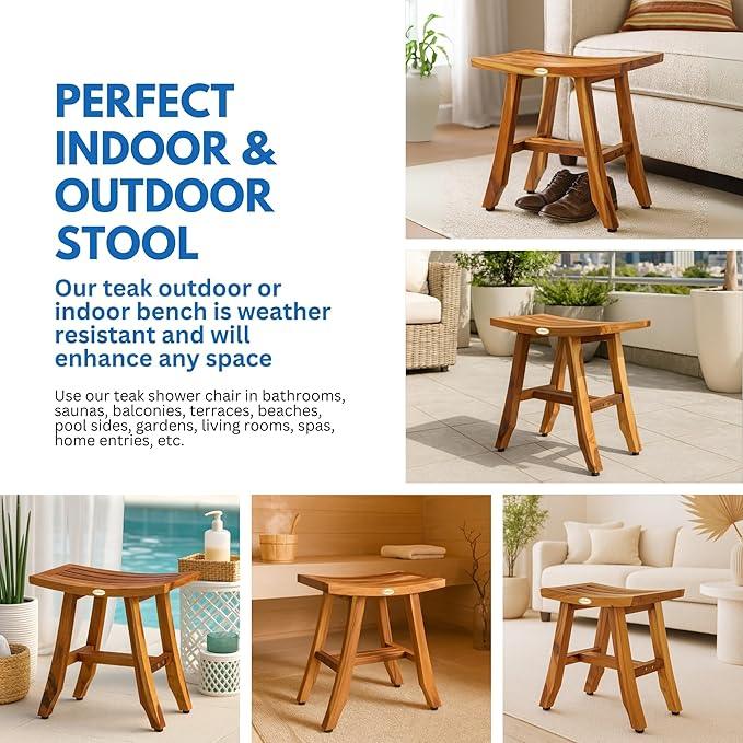 EcoDecors 18 Inch Satori Natural Teak Waterproof Teak Wood Shower Bench Stool Seat Chair For Inside Shower Provides Safety, Storage, and Organization For Bathroom Accessories - ModernBath