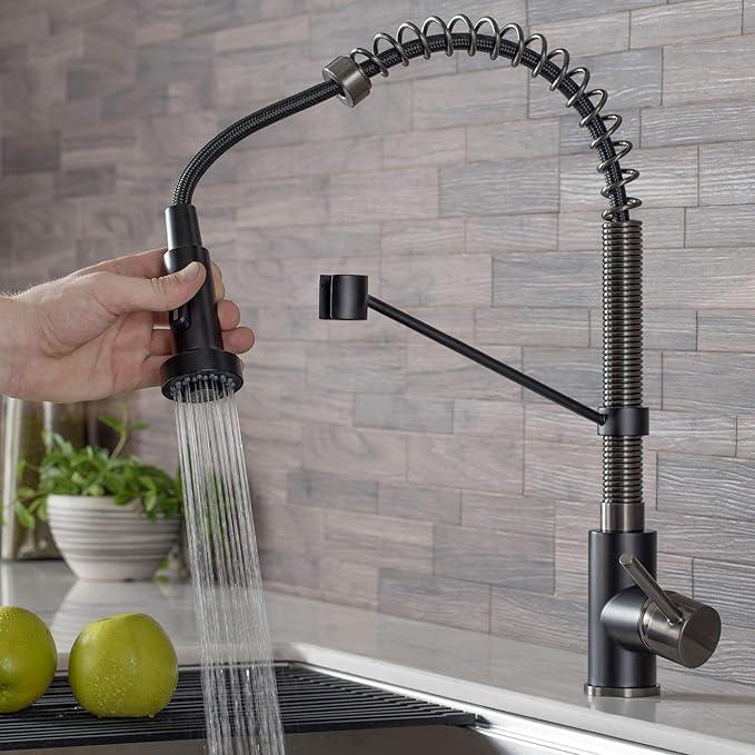 KRAUS Bolden Commercial Style 2-Function Single Handle Pull Down Kitchen Faucet in Matte Black/Black Stainless, KPF-1610MBSB (Pack of 1) - ModernBath
