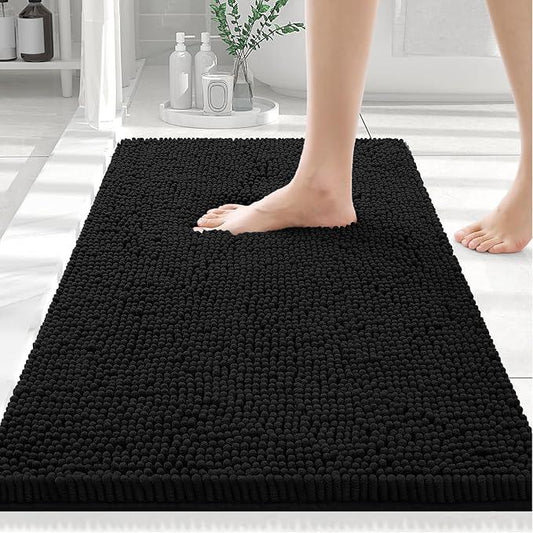 Smiry Luxury Chenille Bathroom Rugs 24x16, Extra Soft and Absorbent Shaggy Bath Mat, Machine Washable, Non-Slip Plush Carpet Runner for Tub, Shower, and Floor, Home Decor Accessories, Black - ModernBath