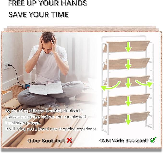 4NM No Assembly Extra Wide 5 Tiers Folding Bookshelf Storage Shelves Vintage Bookcase Standing Racks Study Organizer Home Office (Natural White) - ModernBath