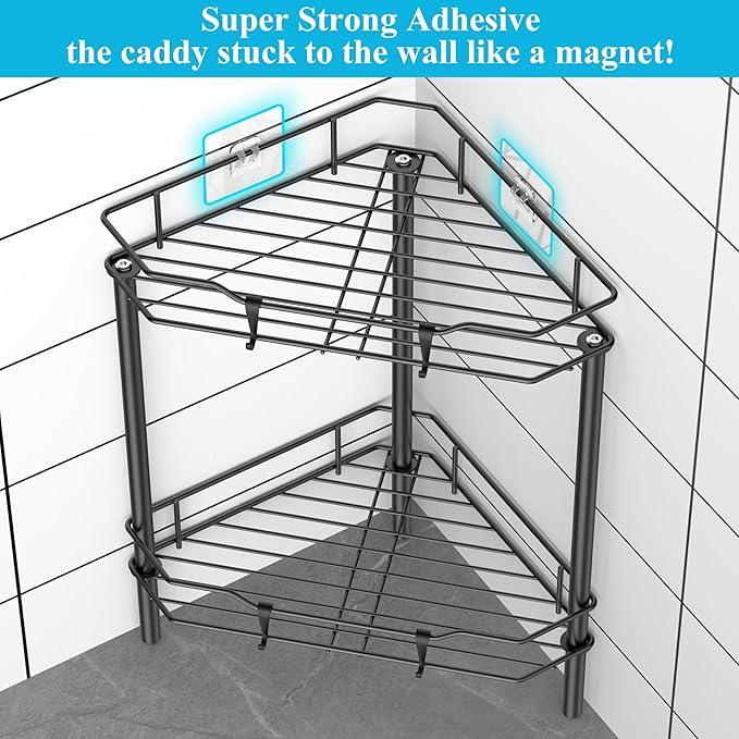 2 Tier Floor Standing Corner Shower Caddy Organizer Shelf with Hooks, Bathroom Shelves Stand Rack, Black - ModernBath