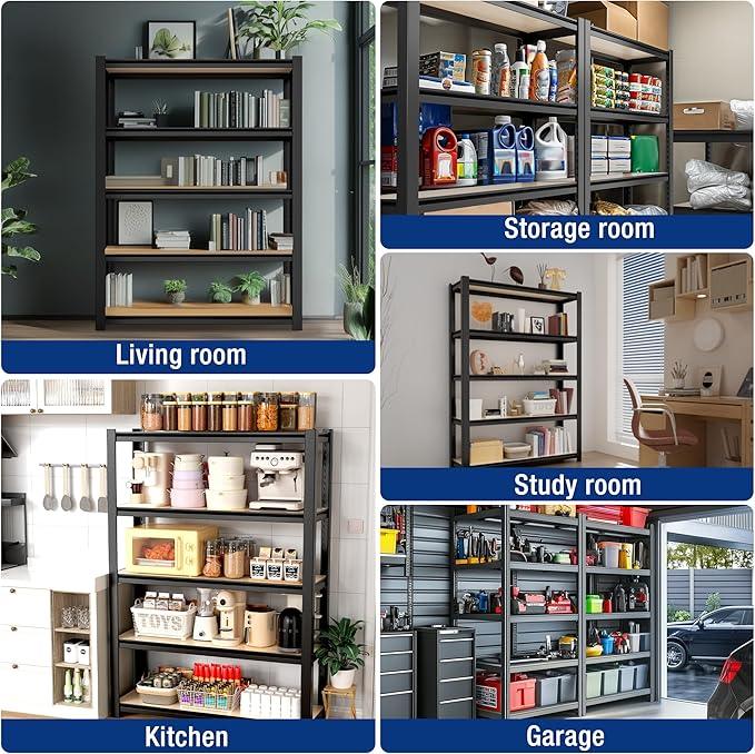 WORKPRO House 3000lbs 5-Tier Shelving Unit, 72" H Adjustable Storage Shelves, Boltless Book Shelf, Shelf Organizer for Kitchen, Living Room, Bathroom, Wood Grain Pattern, Waterproof Board, Black - ModernBath
