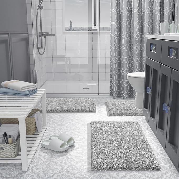Yimobra Bathroom Rug Set 2 Piece, Soft Absorbent Microfiber Bath Mat Set, Non Slip Machine Washable Dry, Plush Shaggy Shower Rugs for Bathroom Floor, 32"x20"+24"x17", Light Gray and White - ModernBath