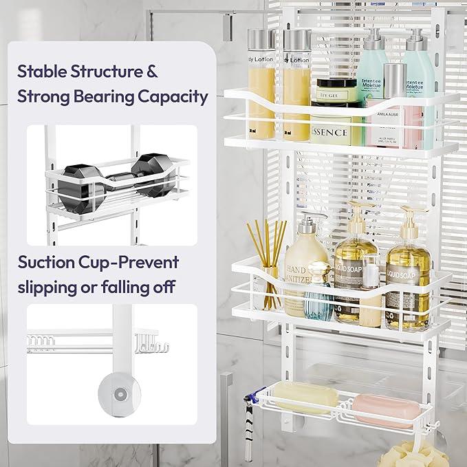 SWTYMIKI Over the Door Shower Caddy - 3 Tier Adjustable Shower Organizer Hanging with Soap Holder, No Drilling Stainless Steel Bathroom Hanging Caddy for Body Wash, Shampoo, Soap, Razor, White - ModernBath