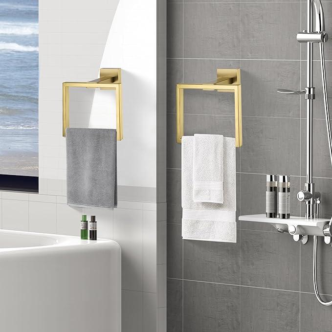LANC Hand Towel Rings for Bathroom Wall Mount Brushed Gold Square Hand Towel Holder for Bath Kitchen Lavatory SUS304 Stainless Steel Contemporary Style Shower Towel Towel Racks Hanger, A8896BG - ModernBath