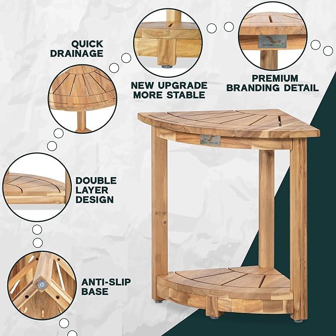VICTORY RELAX Acacia Wood Corner Shower Stool - Waterproof Triangular Bathroom Bench with Storage Shelf & Soap Dish for Shaving, Light Natural Wood (17.9x12.7x16.5) - ModernBath