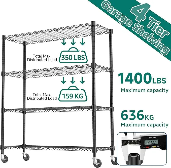 4 Tiers Shelf 1400 lbs Steel Storage Shelving Utility Shelving Unit Steel Organizer Wire Rack for Home,Kitchen,Office,Garage Black 17.7" D x 47.2" W x 62.7" H - ModernBath