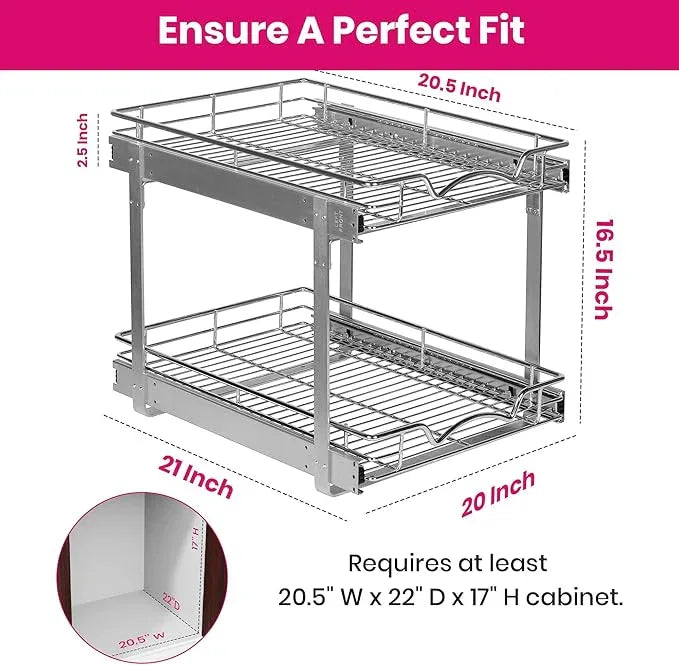 HOLDN’ STORAGE Two Tier Pull Out Cabinet Organizer, Individual Sliding Drawers - Heavy Duty Metal with Lifetime Limited Warranty - Anti Rust Chrome Finish - 20" W x 21”D x 16.5" H - ModernBath