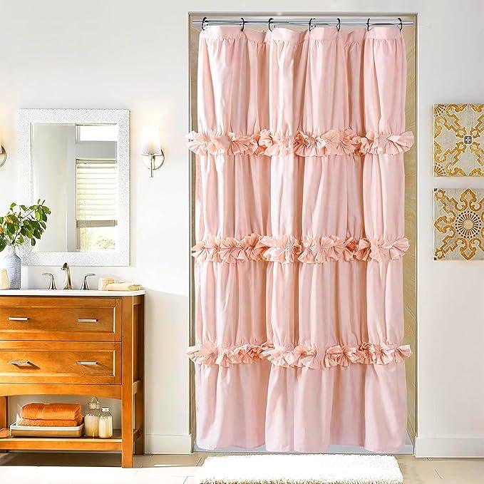 Homechoice Decor Peach Small Stall Ruffle Shower Curtain 36" W x 72" H, Vintage Handcrafted Bow Tie Bath Curtain for Master Bathroom, Ruched Polyester Bathroom Curtain with 7 Buttonholes (LQ-10) - ModernBath