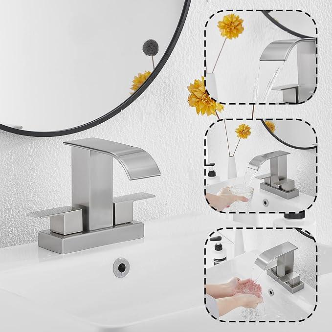 Bathroom Faucet Brushed Nickel Modern GGStudy 2 Handles 4 Inches Centerset RV Waterfall Bathroom Vanity Faucet with Drain Assembly - ModernBath