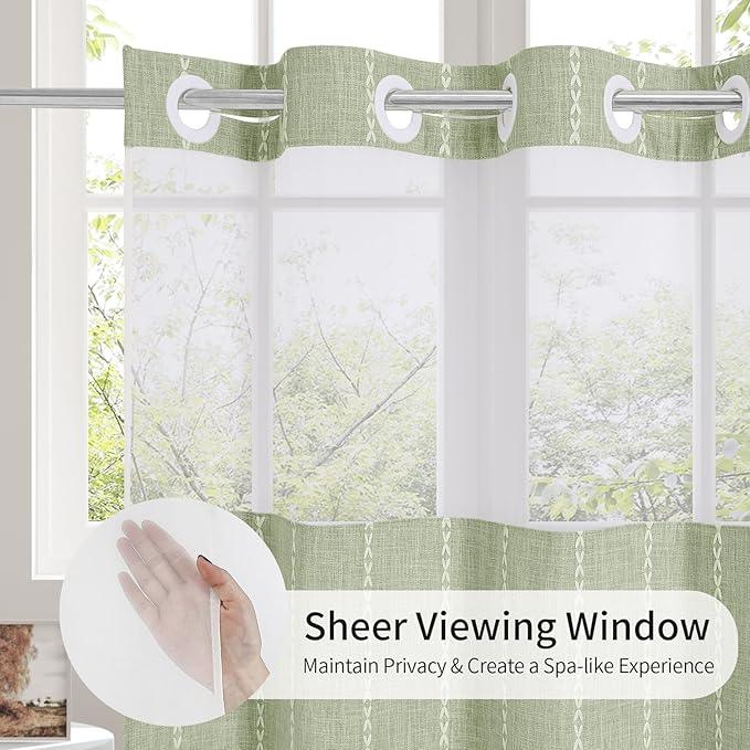 MitoVilla No Hooks Needed Farmhouse Shower Curtain with Snap-in Liner - with Window & Magnets, Boho Cotton Linen Fabric Shower Curtains with Tassels for Rustic Bathroom Decor, Sage Green, 72 x 74 - ModernBath