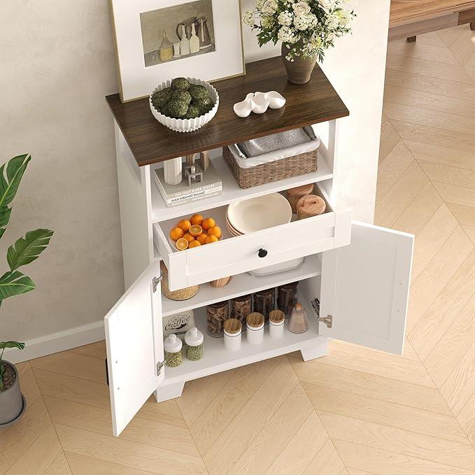 Farmhouse Bathroom Storage Cabinet with Drawer & Adjustable Shelves, White 23.6" Wide Freestanding Floor Cabinet, Barn Door, Sturdy Wood, for Kitchen, Entryway (23.6 * 11.8 * 39.3" (Floor)) - ModernBath