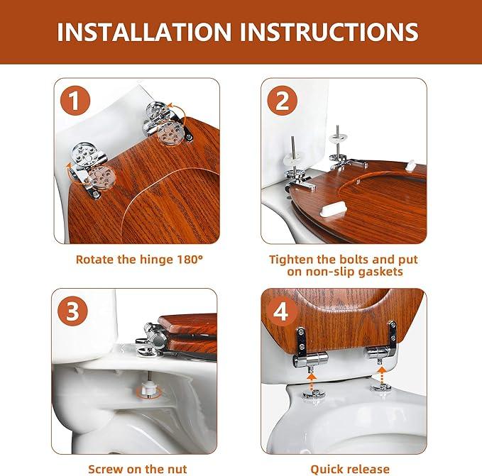 Elongated Toilet Seat Molded Wood Toilet Seat with Quietly Close and Quick Release Hinges, Easy to Install also Easy to Clean by Angol Shiold (Elongated, Brownish Yellow) - ModernBath