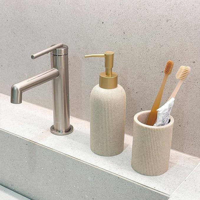 Lunestella Sand Beige Hand Soap Dispenser for Bathroom and Kitchen with Matte Gold Pump, Lotion, Dish Soap, Multiuse, Luxury Farmhouse Style, Sandstone Finish, Rust Proof, 7oz (Matte Gold) - ModernBath