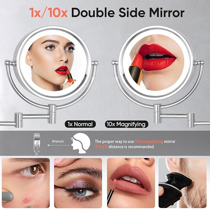 GURUN 8.5 Inch Magnifying Makeup Mirror with 3 Tones Dimmable LED Lights Double Sided Touch Control Rechargeable Vanity Mirror for Bathroom with 10X Magnification M1809DC-T (Chrome/10X) - ModernBath