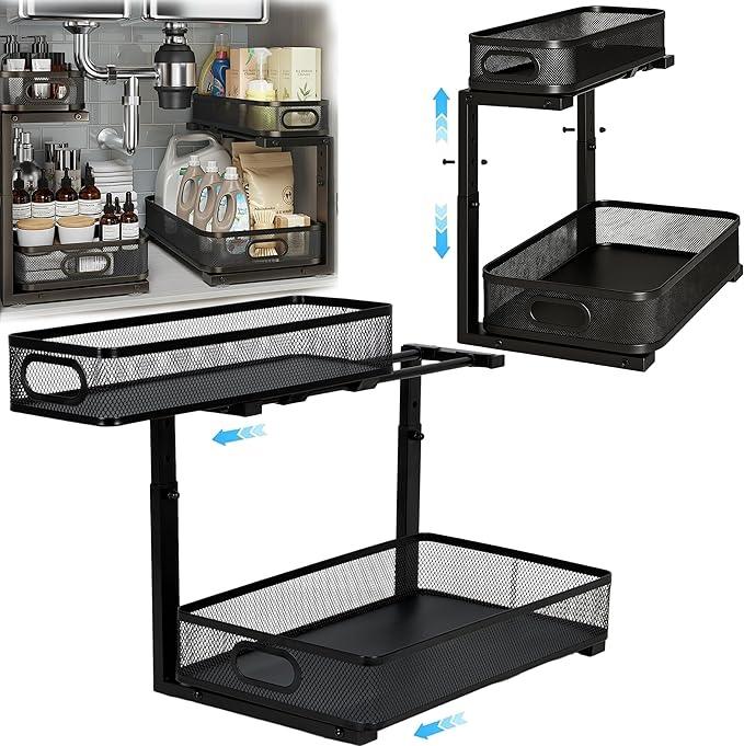 2 Pack Under Sink Organizer, Dual-Layer Pull Out Mesh Cabinet Rack with 5-Level Height Adjustment, Rust-Resistant Sliding Storage for Bathroom & Kitchen, Multi-Purpose 2-Tier Shelf(Black) - ModernBath