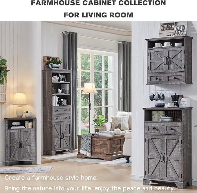 ACCOHOHO Bathroom Wall Cabinet, Farmhouse Medicine Cabinet, 24" Wide Cabinet with Drawer, Adjustable Shelf, Double Barn Doors, Storage Cabinet for Bathroom, Kitchen, Living Room, Grey Wash - ModernBath