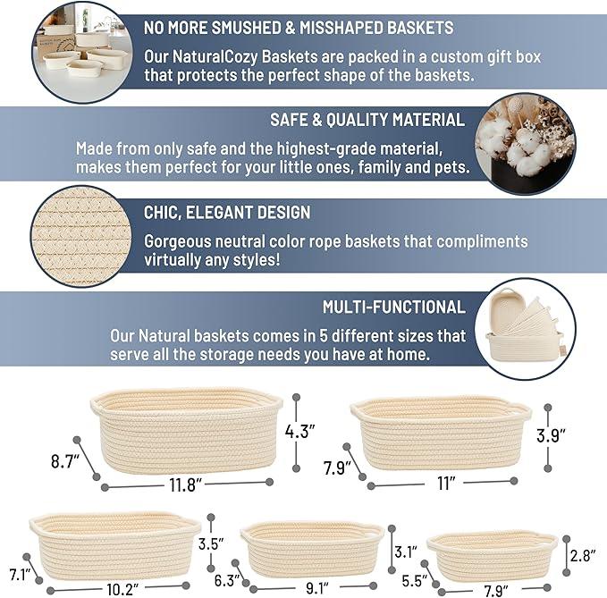 NaturalCozy 5-Piece Rectangle Storage Basket Set- Natural Cotton Rope Woven Baskets for Organizing! Small Basket for Montessori, Baby Nursery, Dog Toy Baskets, Cat Toy Box, Bathroom Organization Bin - ModernBath