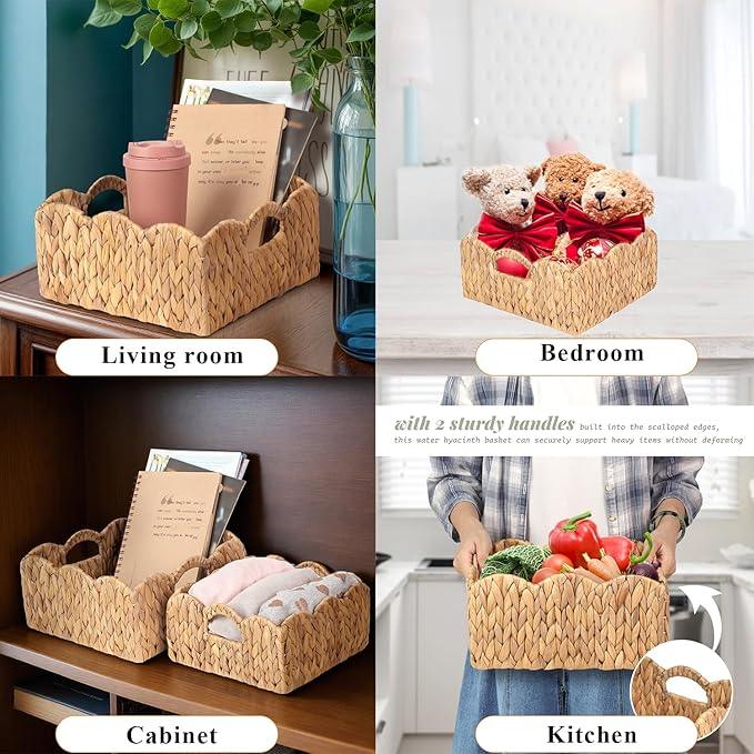 Scalloped Baskets (Natural-Set of 2) Basket Living Room Organizer, Water Hyacinth Baskets For Decor, Woven Basket for Bathroom, Bedroom, Laundry. Hyacinth Storage Basket with Built-in Handles - ModernBath