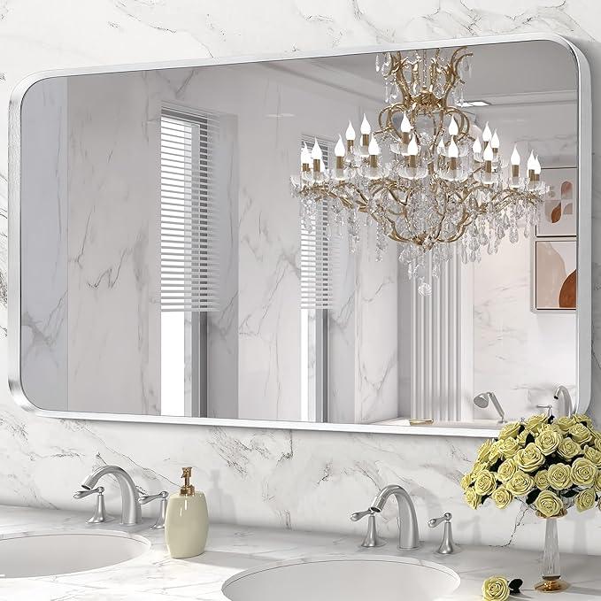 Minuover Brushed Nickel Bathroom Wall Mirror, Silver Metal Framed Large Rounded Corner Rectangle Mirror, Tempered Glass, Shatter Proof, Hangs Horizontally or Vertically (28" x 60", Silver) - ModernBath