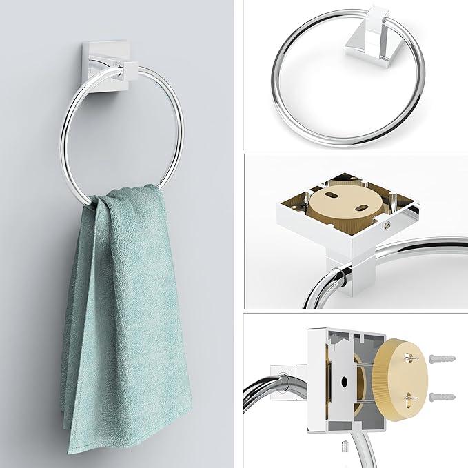Ruacq Chrome Toilet Paper Holder Towel Ring Bathroom Accessories Hardware Set Double Post Pivoting Toilet Roll Holder Square Stainless Steel and Zinc Alloy Modern Wall Mounted 2 Pieces - ModernBath