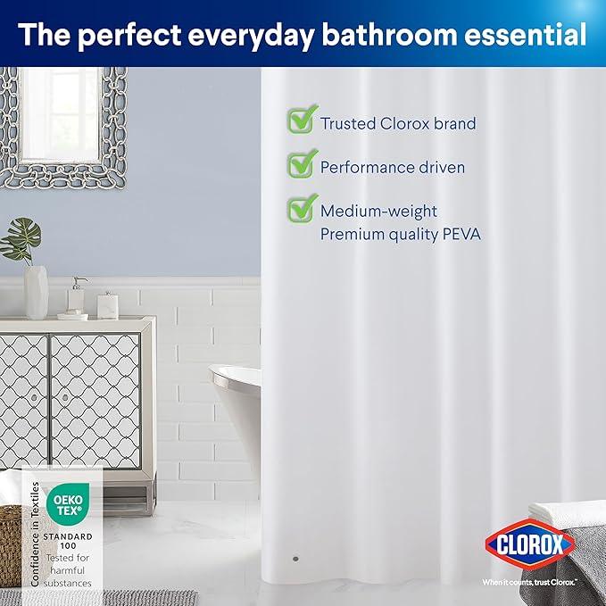 CLOROX Shower Curtain Liner, Premium Lightweight Flexible Waterproof 6g PEVA for Bathroom with Weighted Magnets, Standard Size 72" x 72", White 1 Pack - ModernBath