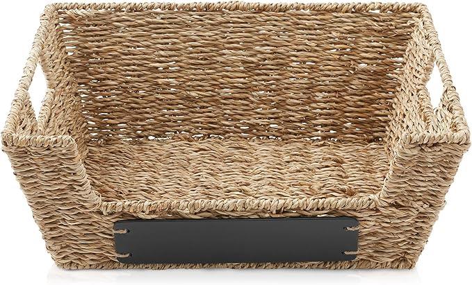 Casafield Set of 2 Seagrass Pantry Baskets with Handles, Chalkboard Labels and Marker - Natural, Wide Woven Storage Bin Organizers for Kitchen Shelves - ModernBath